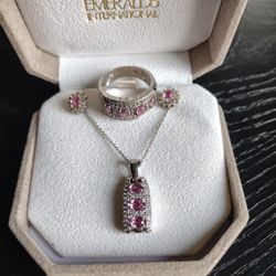 14K  WHITE GOLD PINK STONE & DIAMOND SET