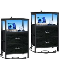 Set of 2 Nightstand Bedside Table 2 Drawers with Charging Station and USB Ports