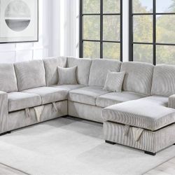 New Corduroy Sectional With Pullout Bed / Chaise Storage.  92x120x65.  Free Delivery!