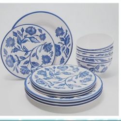 Martha Stewart 12-Piece Floral Melamine Dinnerware Set Dark Blue,