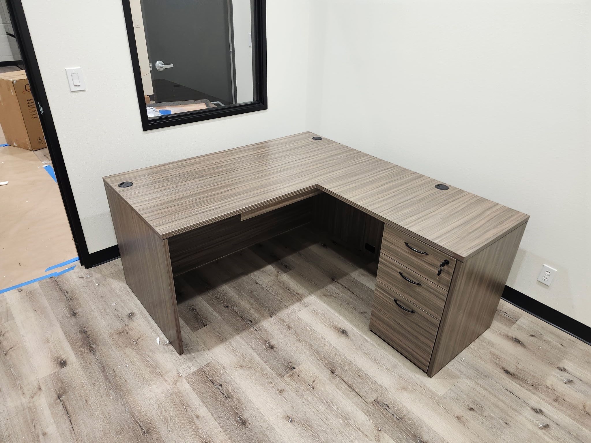 L-Shape Office Desks – Main Desk – $399 (no drawers) Optional File Drawer – $199  Keyboard – $49