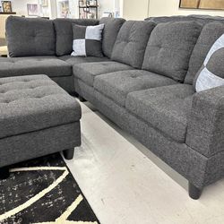 Charcoal Linen Sectional Couch And Ottoman