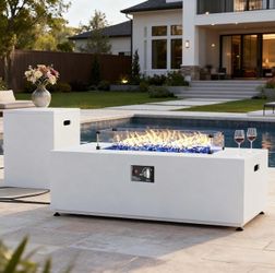42 Inch Outdoor Fire Pit Table for Outside Patio, 55000BTU Rectangle Propane Firepit with Hidden Fuel Tank, Glass Wind Guard, Waterproof Cover and Lid