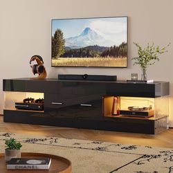 Bestier Black TV Stand for 55/60/65 Inch TV, High Gloss Modern TV Stand with Stone-Patterned Side Panels, LED Entertainment Center with Large Drawer, 