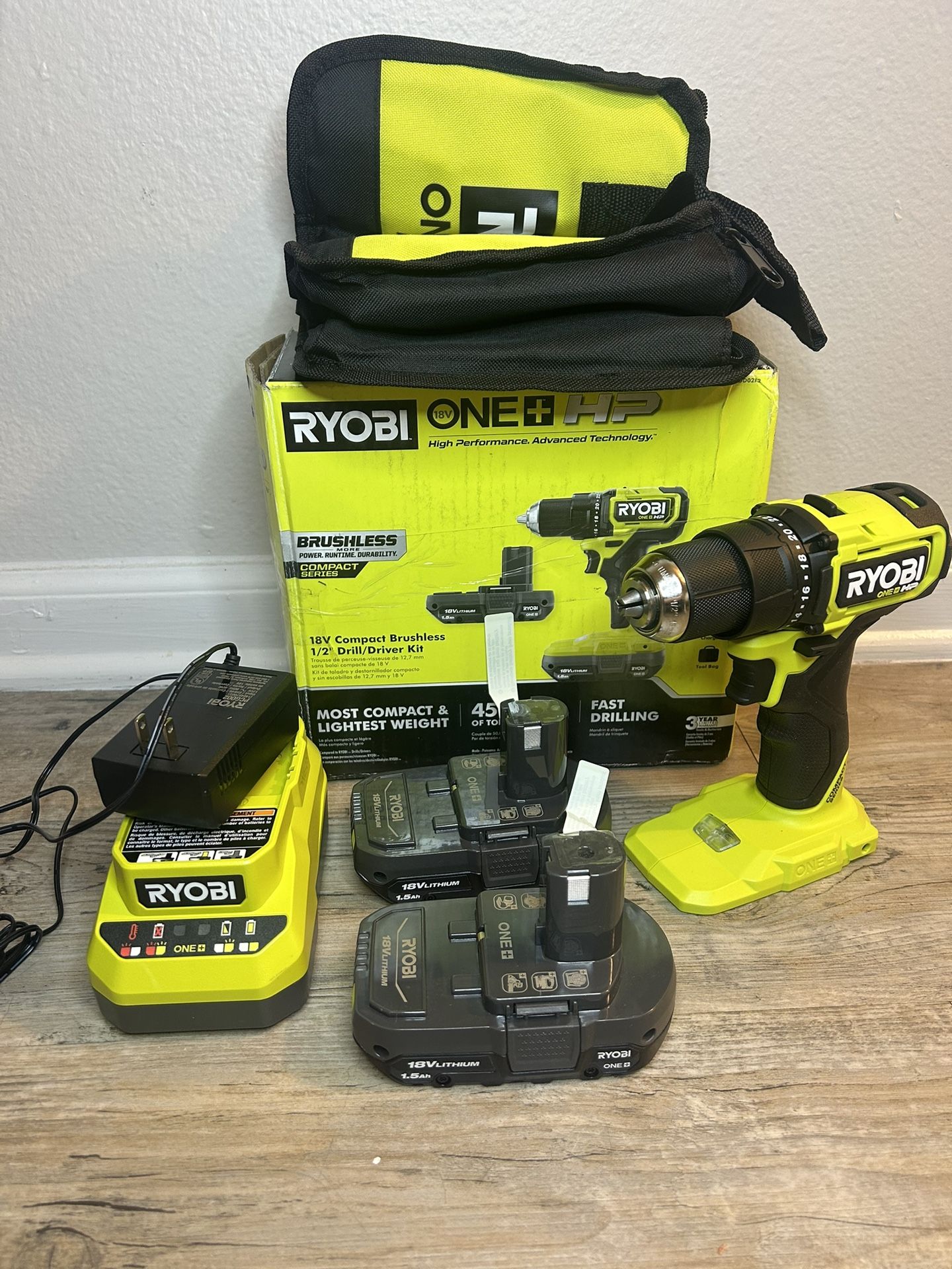 RYOBI ONE+ HP 18V Brushless Cordless Compact 1/2in. Drill/Driver Kit with (2) 1.5 Ah Batteries and Charger