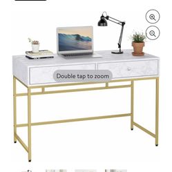 CINAK Marble Finish Computer Desk with 2 Drawers Glossy White Solid Golden Metal Leg, Gold and White