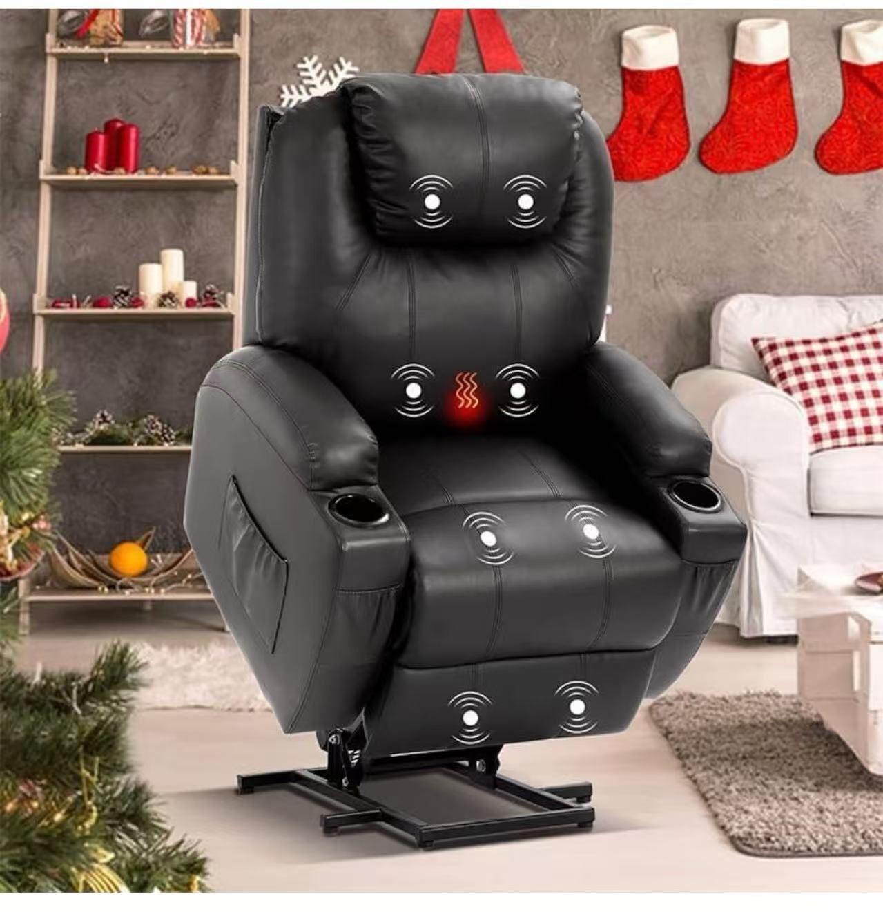 Power Lift Recliner Chair PU Leather with Massage for Elderly Ergonomic Lounge Chair Classic Single Sofa with 2 Cup Holders Side Pockets Home Theater