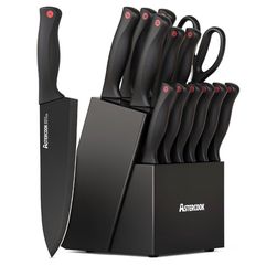 Astercook Knife Set for Kitchen with Block and Sharpener 15pcs German Stainless Steel Kitchen Utensils Set Dishwasher Safe