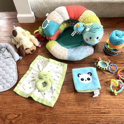 Infantino 2-in-1 Tummy Time & Seat Support Chair, Head Support, Soft book, Puppy taggie & Frog Lovie & More! ($35 For All)