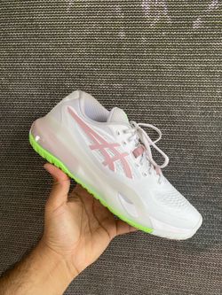 ASICS Gel-Resolution 9 Wide Women's Tennis Shoes in White/Pink.