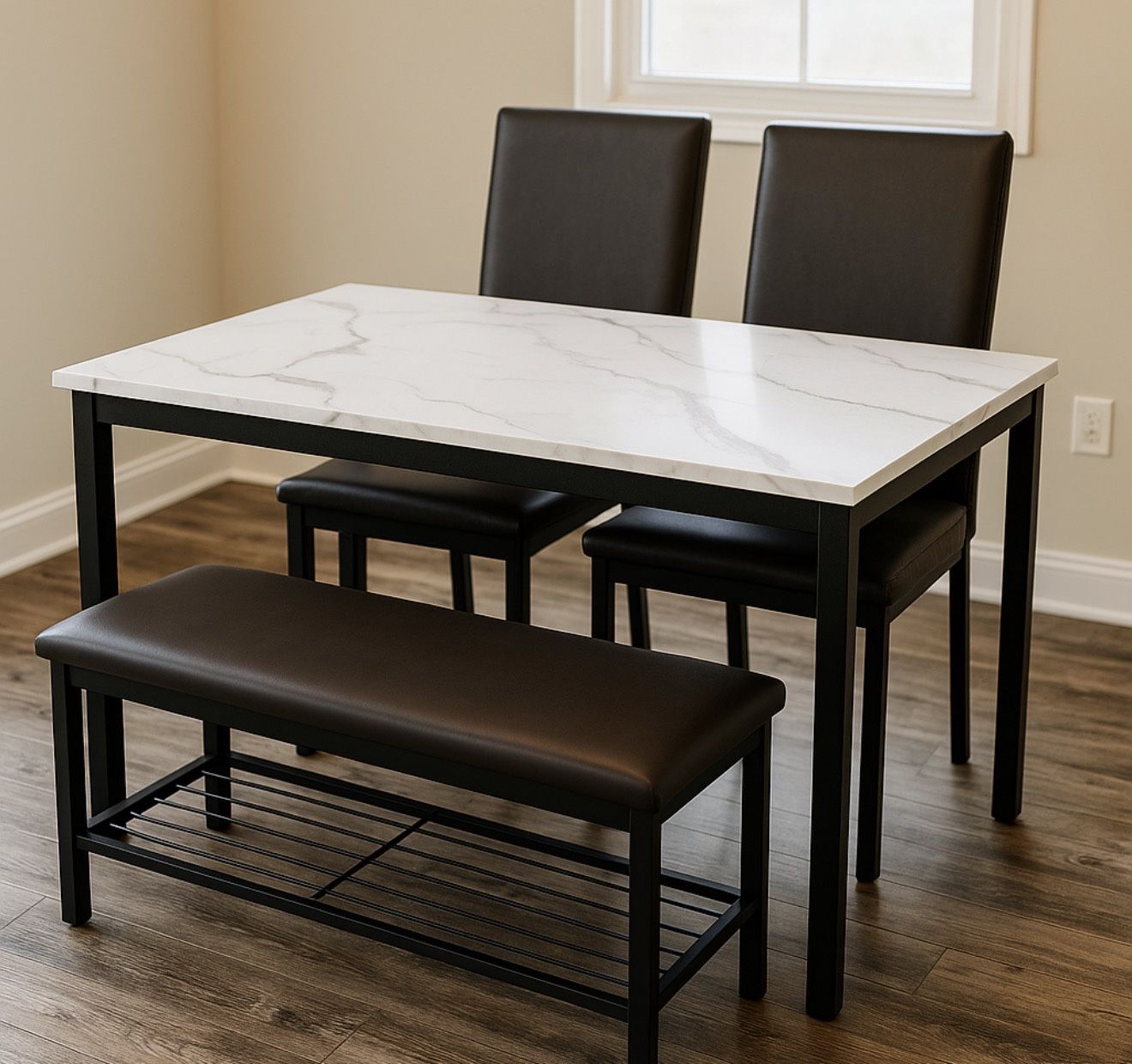 Modern Marble Dining Set – Table, 2 Chairs, and Bench