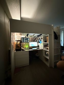 White Loft Bed with Desk and Shelving