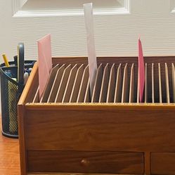 Vintage Wood 31 Slot Mail Organizer Desk File Sorter w/ Drawers 