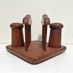 Vintage MCM Teak Wood Napkin Holder And Salt & Pepper Shakers Set