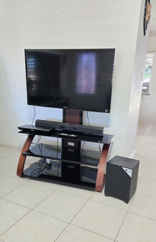 46" Sony Bravia TV with TV Stand, Speaker, Subwoofer, and Blu-ray Player Bundle
