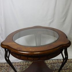 Round Glass Coffee Table – Solid Wood Base – Great for Living Room 