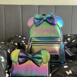 Loungefly Disney Oil Slick Minnie Mouse Backpack and Wallet 
