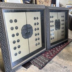 Pair Asian Wall Art Depicting Antique Iron Doors 