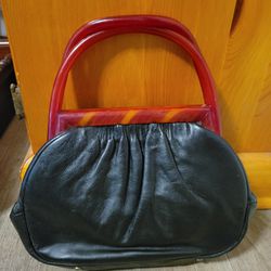 50’s Vintage Etra Bakelite Handle Black Leather Top Handle Handbag Purse