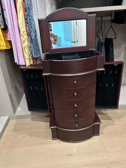 Solid Wood Cherry Jewelry Armoire Cabinet with Mirror & Necklace Storage
