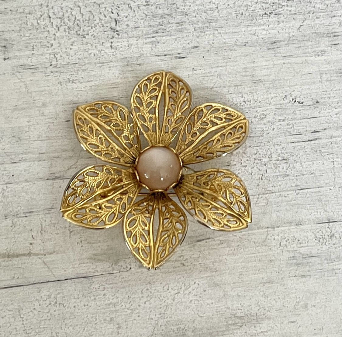 Gold Tone Moonstone Flower Vintage Brooch 