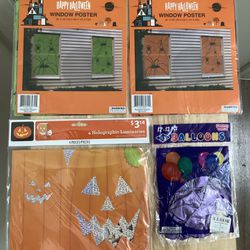 4-Piece Halloween Bundle, Includes 12”/12-Piece Purple Balloons, 2/2-Color Window Poster & 4-Piece Holographic Luminaries