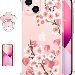 New  case for iPhone 13 with Screen Protector + Ring Holder, Clear with Floral Pattern Design, Soft&Flexible Bumper Shockproof Protective Cover （Firef