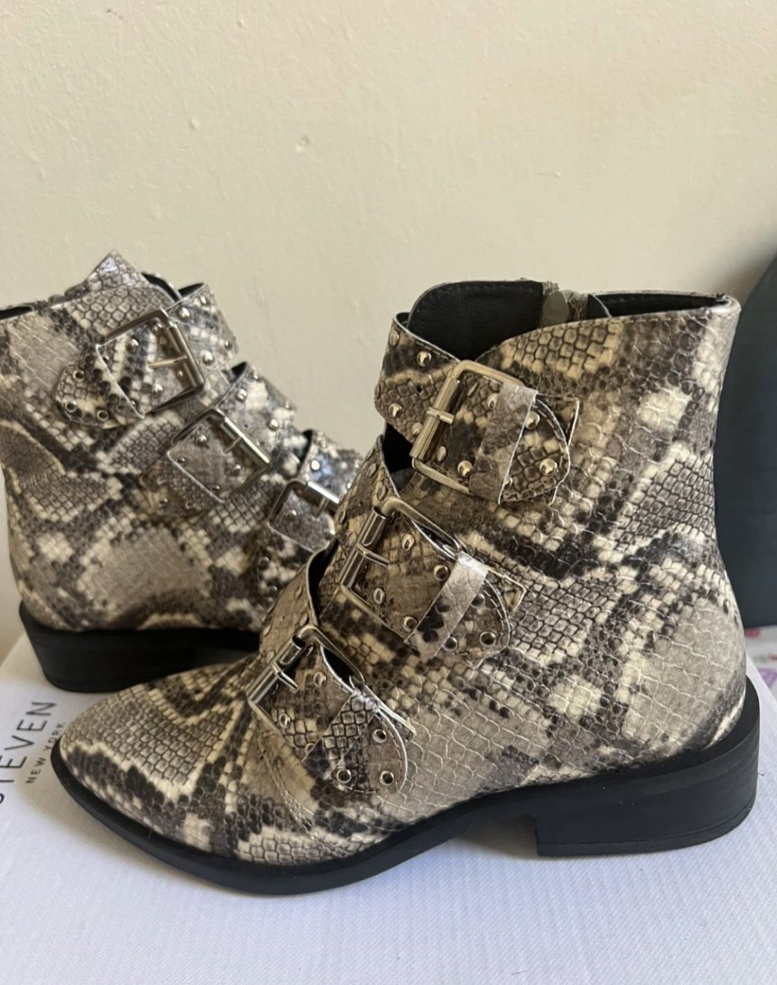 Steven New York Snake Print Buckle Boots