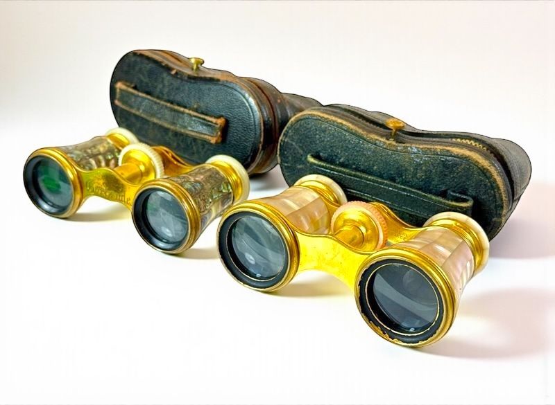Two Antique French Opera Glasses with Mother-of-Pearl and Abalone Inlay, in Original Cases. Marked Made in France. One is engraved with th