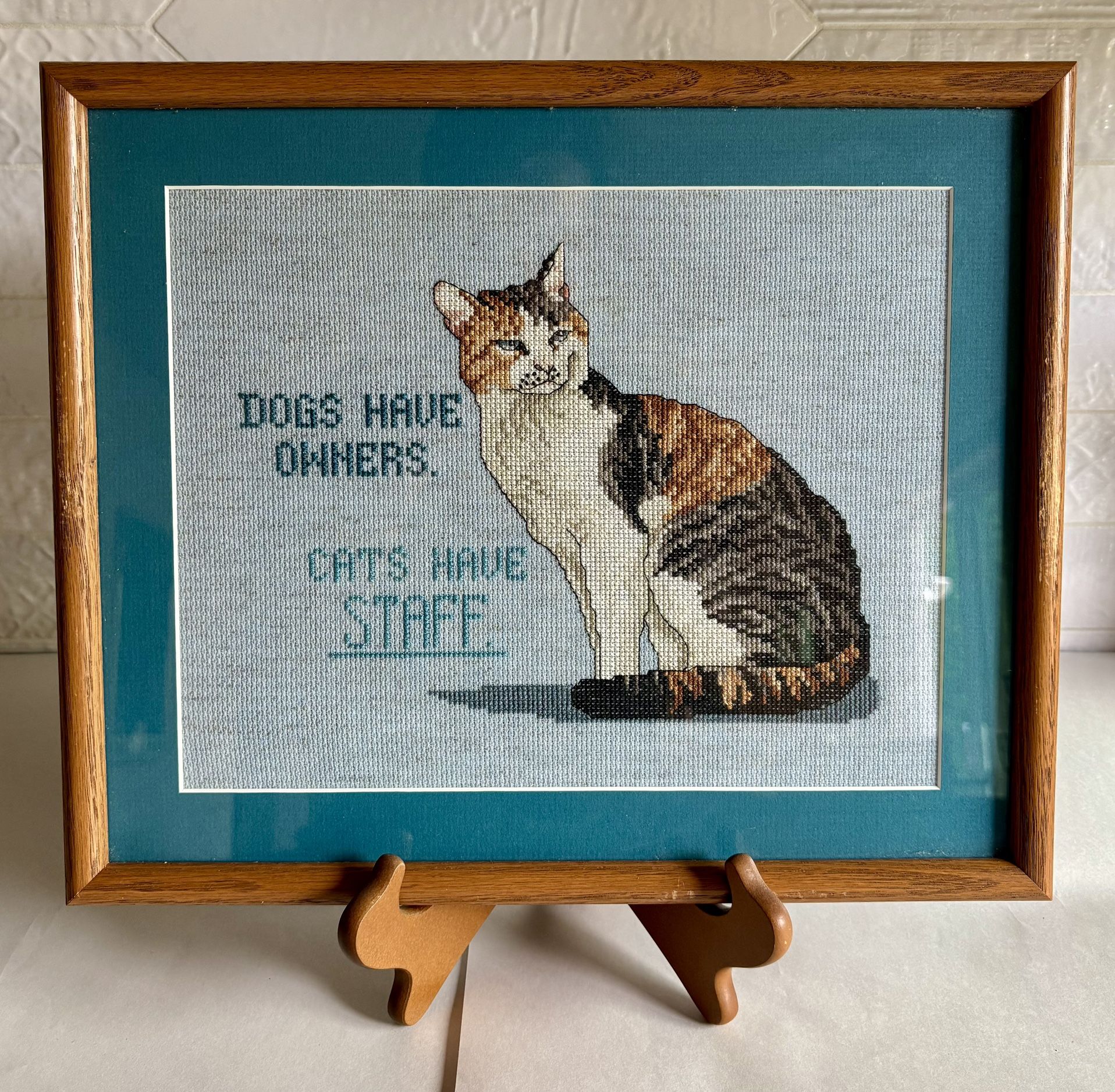 Vintage Framed Counted Cross-Stitch Image Of “Cats Have Staff”