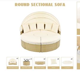 Patio Round Sectional Sofa Daybed with Retractable Canopy – Outdoor PE Rattan