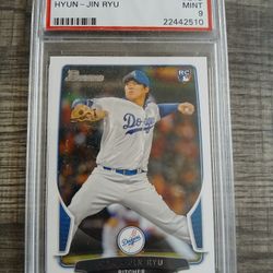 2013 Bowman baseball card featuring Hyun-Jin Ryu, graded by PSA as a Mint 9.  Los Angeles Dodgers 
