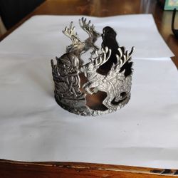 Pewter Santa Reindeer Sleigh Christmas Candle Holder 3"Diameter 