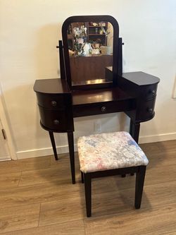 Dark Wood Vanity Table with Mirror and Stool