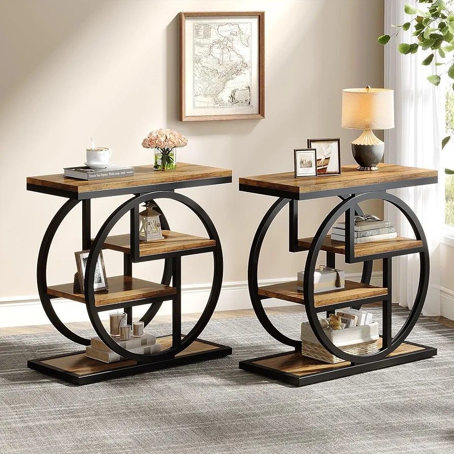 End Table Set of 2, Narrow Side Table with Storage Shelves, Wood Small Sofa Side Table with Geometric Metal Frame, Industrial Bedside Table NEW