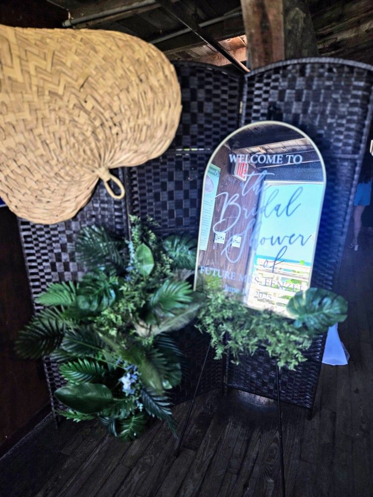 Boho Bridal Shower Decor- Black 3 Panel Room Divider, Large Boho Fan, Greenery, Gold Welcome Mirror