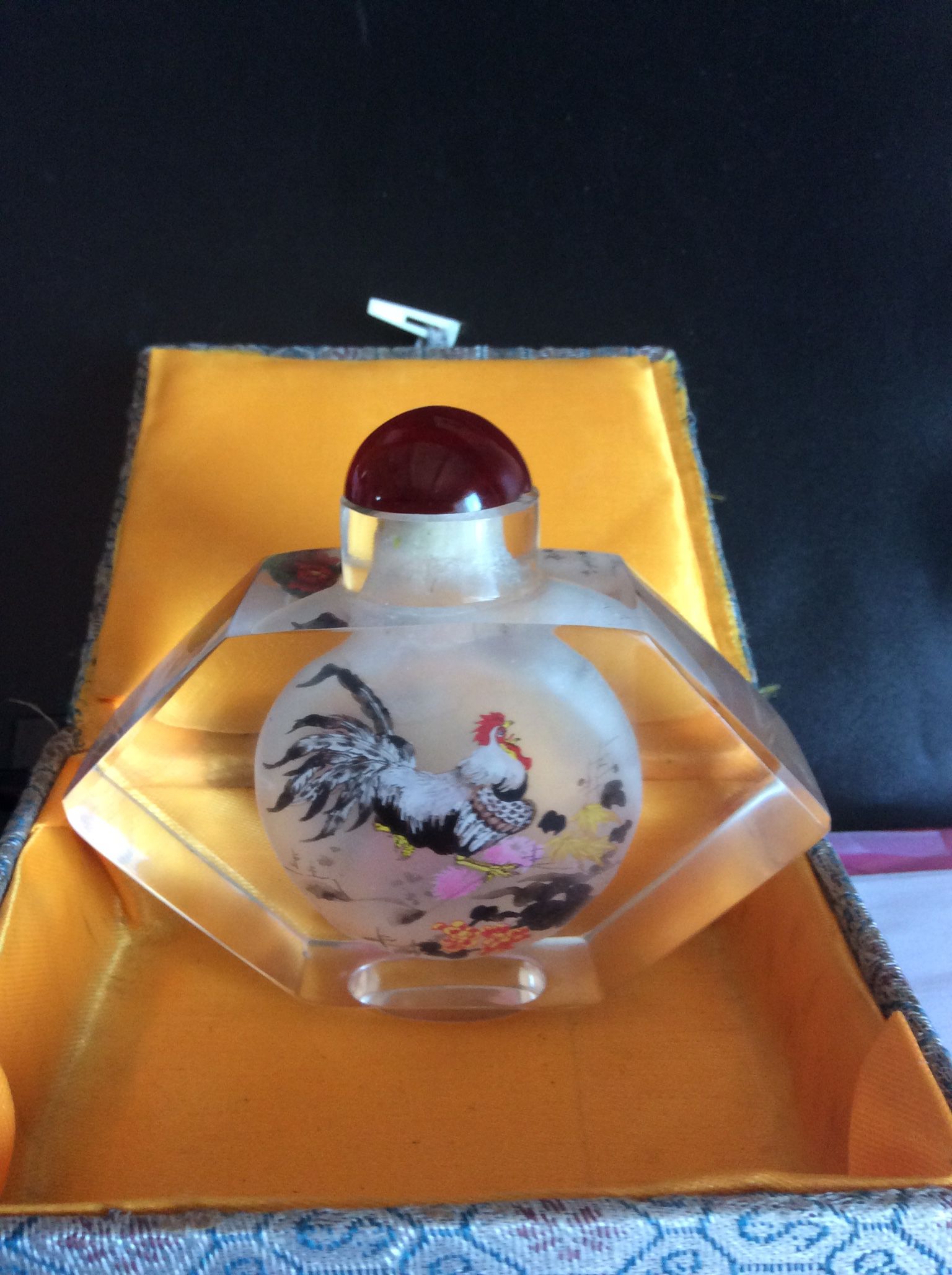 Bottle Glass  Perfume/Snuff Hand Painted Inside Red Stopper Top. With Original Rare Storage Case / Box    