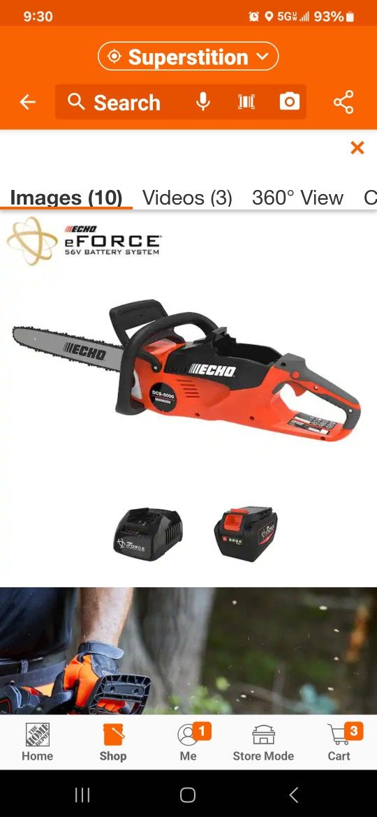 ECHO
eFORCE 18 in. 56V Cordless Electric Battery Brushless Rear Handle Chainsaw Kit with 5.0Ah Battery and Charger