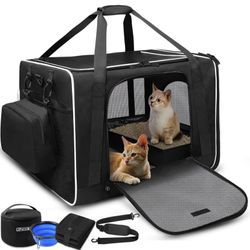 Petskd Extra Large Cat Carrier with Litter Box 24"x17"x17" for Medium Large Cat or 2 Small Cats, Collapsible Soft Sided Pet Carrier for Car Travel wit
