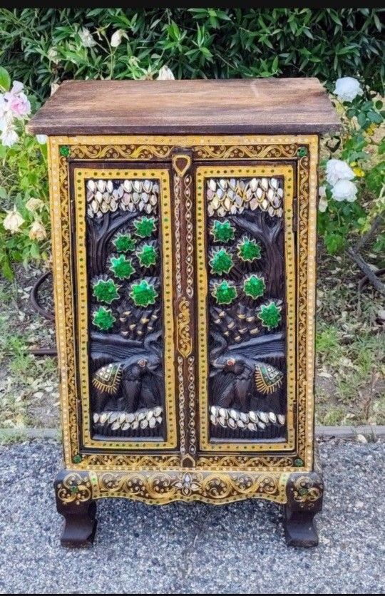 Vintage Solid Wood Carved Elephants Accent Cabinet 32" Tall