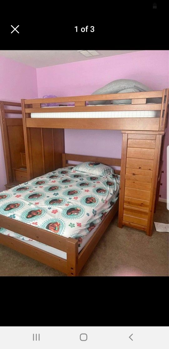 Solid Hardwood Twin Over Full Sz Bunkbed With Staircase Drawers Desk Mattress Included 