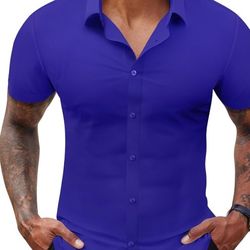 Lion Nardo Stretch Dress Shirts for Men Short Sleeve Slim Fit Casual Button Down Shirts Muscle Fit Men's Dress Shirts
