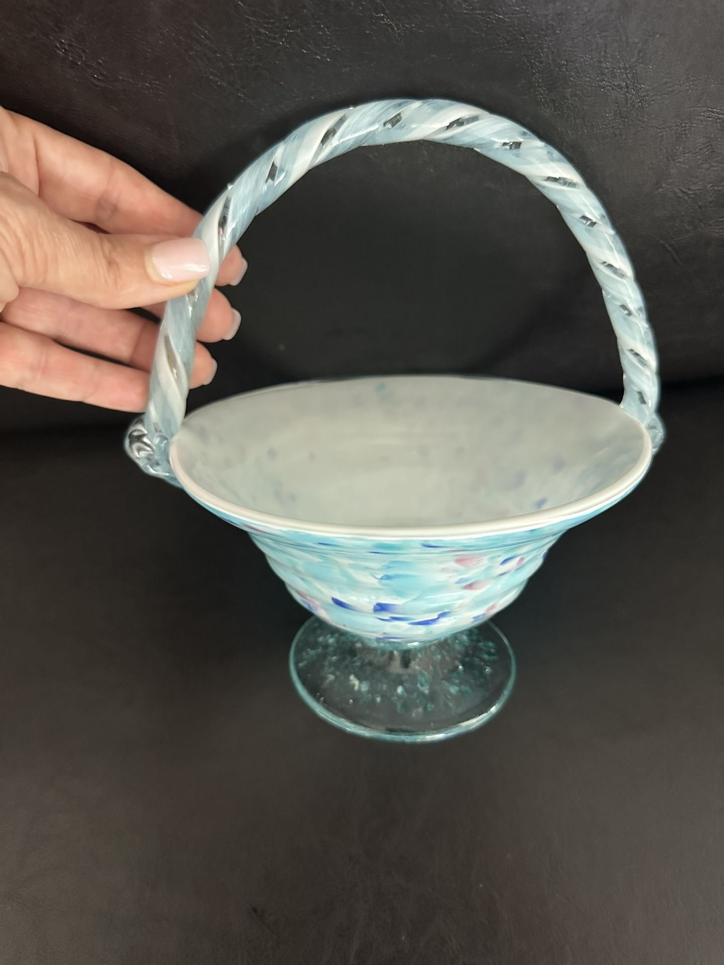 Hand-blown Encased Art Glass Multicolor 8" basket/handle.