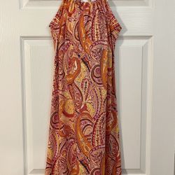 Coco + Carmen Colorful Paisley Print Spaghetti Strap Summer Dress Orange Red Pink Yellow Black White Silky Soft Size Small-Medium