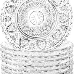 Fasmov 8 Pack 8 Inch Glass Salad Plates, Snack Fruit Dessert Bread Dish Plate with Beautiful Carved Pattern, Wedding and Party Plates, BPA Free, Dishw