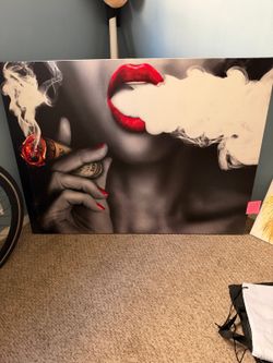 Large Pop Art Canvas - Woman Smoking Burning $100 Bill, 48" x 35"