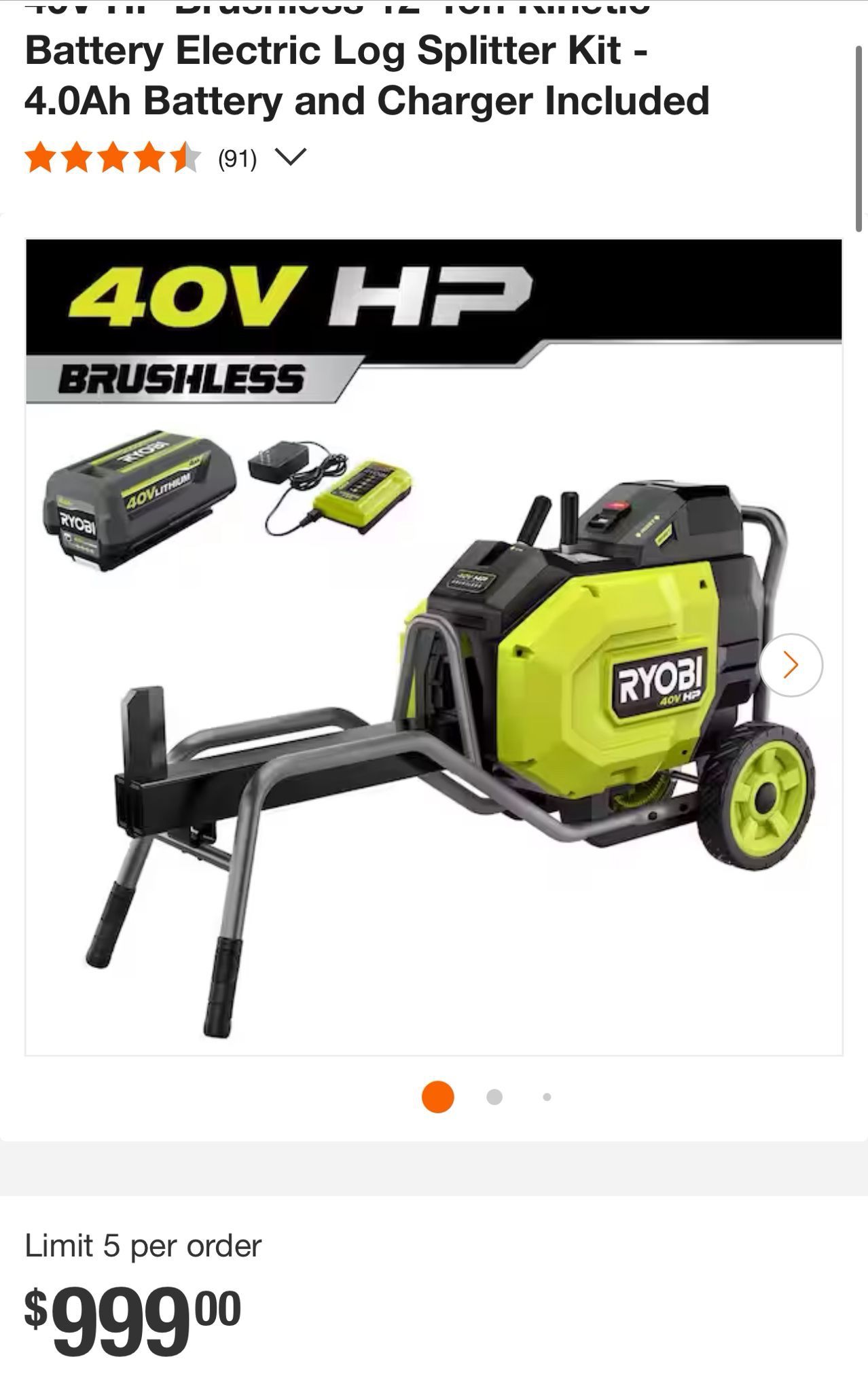 RYOBI 40V HP Brushless 12-Ton Kinetic Battery Electric Log Splitter Kit - 4.0Ah Battery and Charger