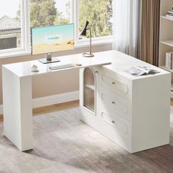 HL0188  L Shaped Desk with 3 Drawers, Reversible Corner Desk with Cabinet, 360° Rotatable Study Table with Adjustable Shelves for Home Office, Writing