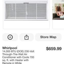 Whirlpool 14,000 BTU (DOE) 230-Volt Through-The-Wall Air Conditioner with Cools 700 sq. ft. with Heater with Remote in White