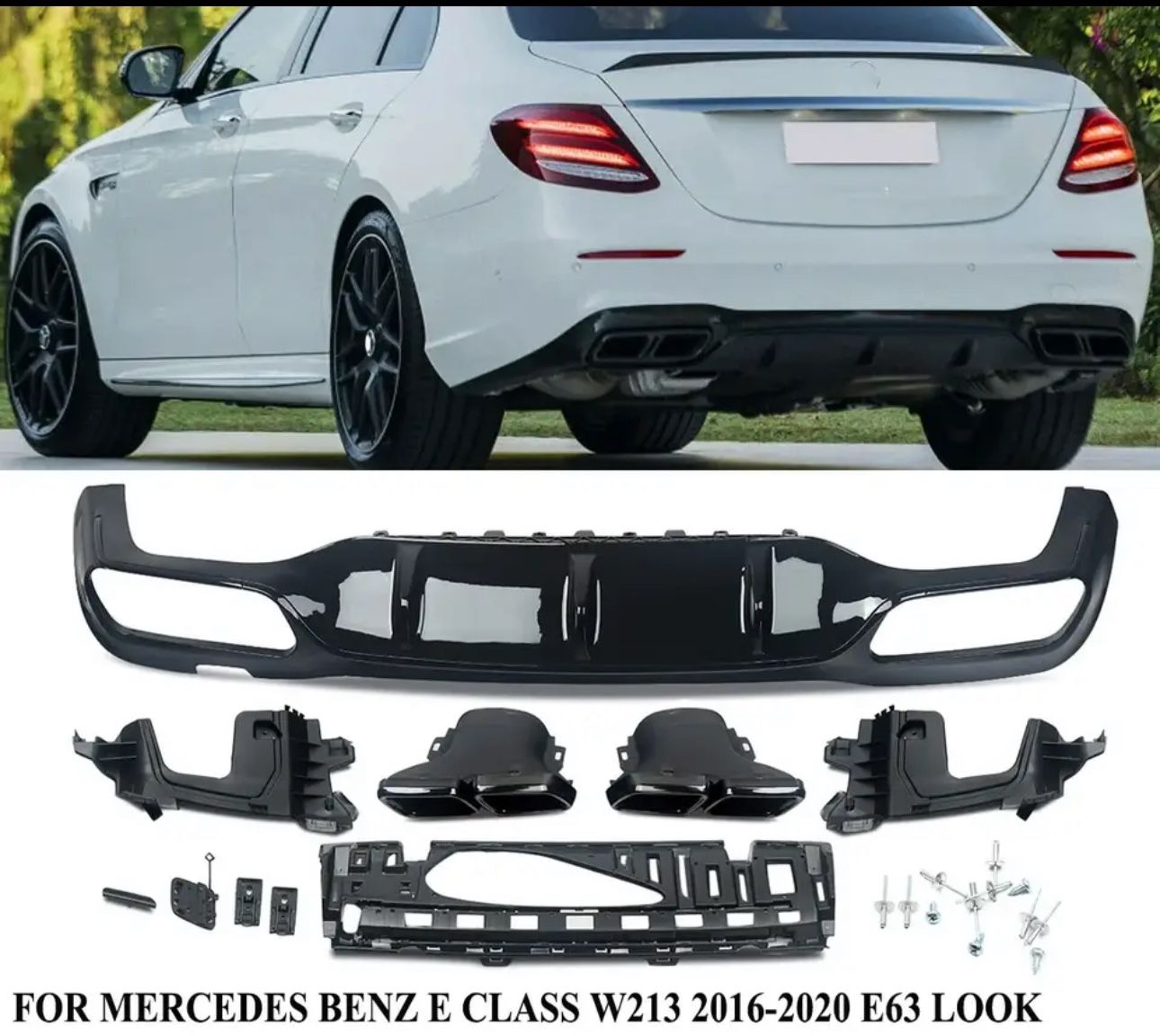 Mercedes E300 E350 W213 AMG E63 Style Rear Diffuser With Gloss Black Metal Tips NEW In Box!